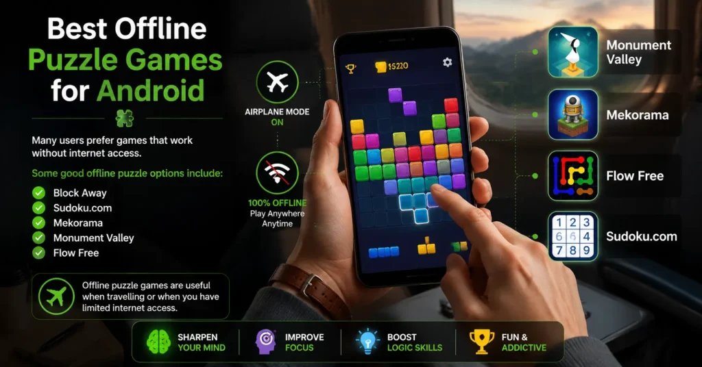Best offline puzzle games for Android showing a player solving puzzles on a smartphone without an internet connection