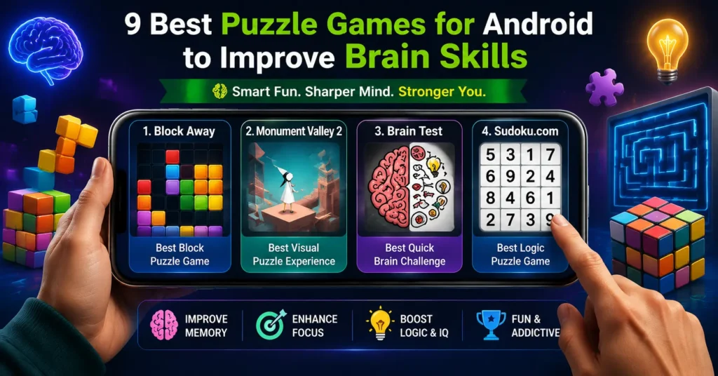 9 best puzzle games for Android displayed on a smartphone with block puzzles, logic challenges, brain training, and strategy gameplay elements