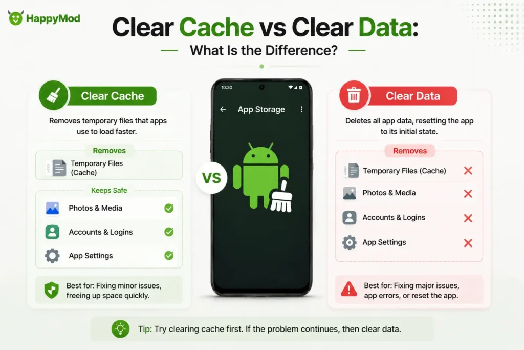 Clear Cache vs Clear Data comparison on Android showing temporary file removal, saved data protection, and app reset differences