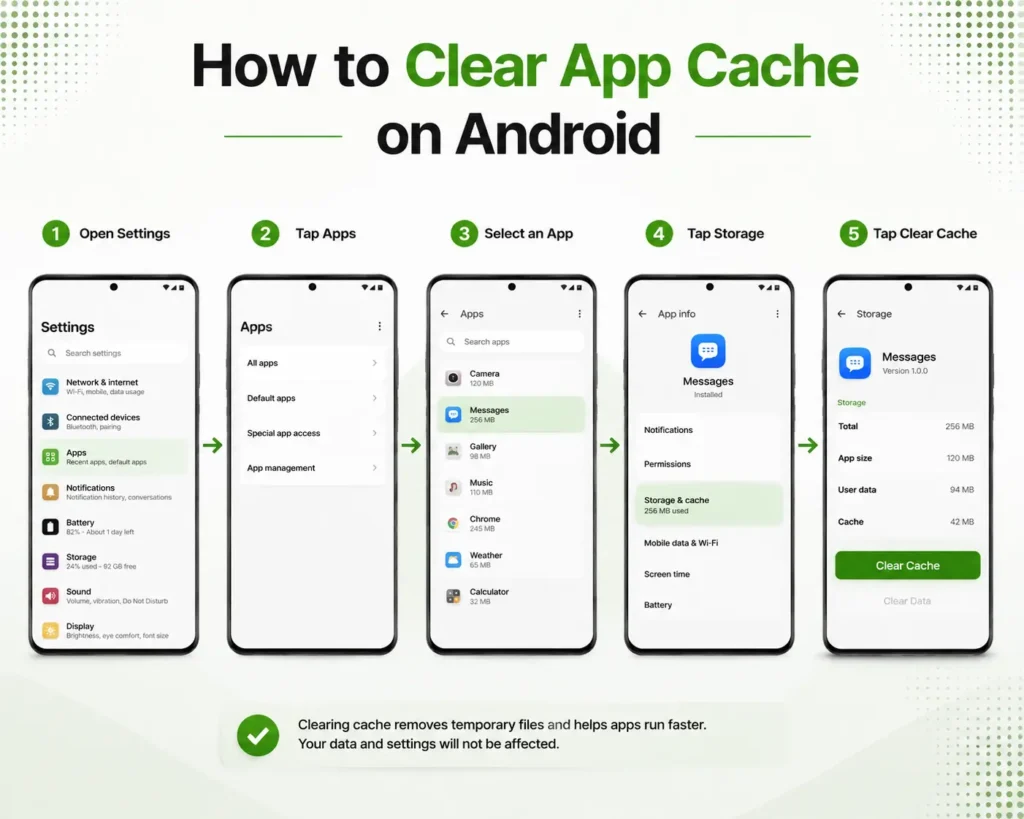 How to Clear Cache on Android step by step showing Settings, Apps, Storage, and Clear Cache options on a smartphone