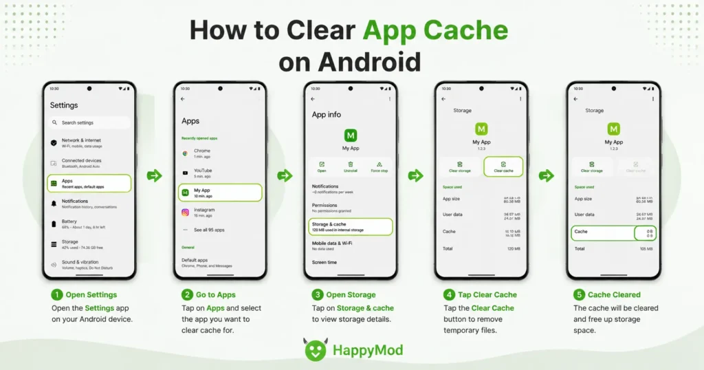 Step-by-step Android settings guide showing how to clear app cache through Settings, Apps, Storage, and Clear Cache options