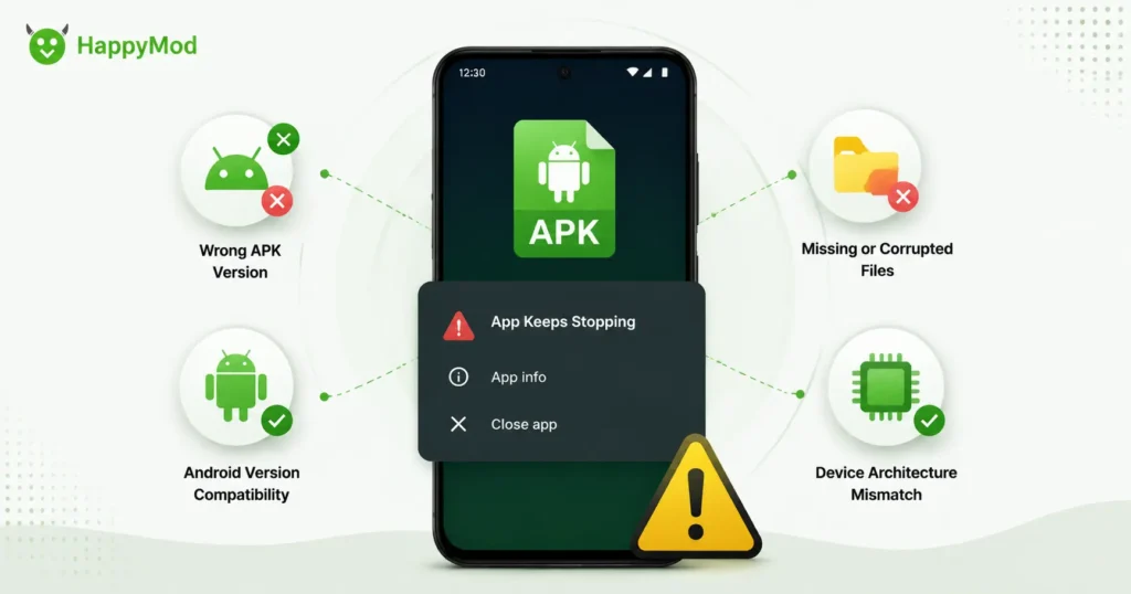Android APK troubleshooting illustration showing app crash error caused by wrong APK version, missing files, compatibility issues, and device architecture mismatch
