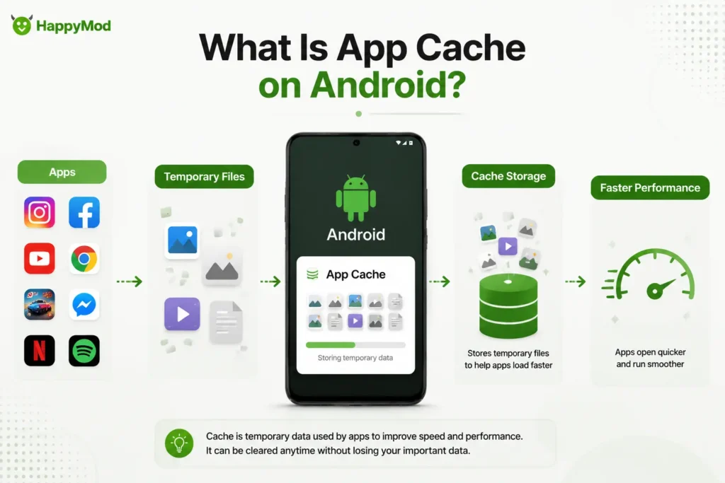 What is app cache on Android showing temporary files created by apps, cache storage, and how cached data helps apps load faster