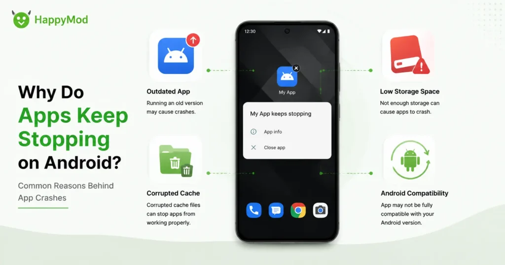 Android phone displaying app keeps stopping error with common causes including outdated apps, corrupted cache, low storage space, and Android compatibility issues