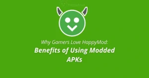 Modded APK download on Android showing unlocked premium features and smooth gaming from HappyMod.