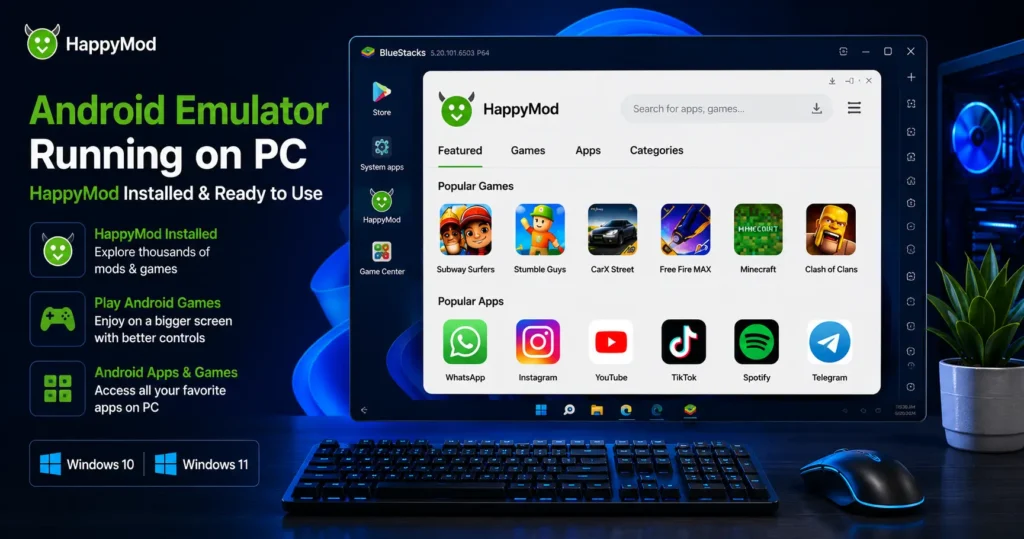 Android emulator running HappyMod on a Windows PC with apps and games displayed on a desktop monitor