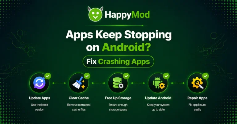 Android phone showing app keeps stopping error with solutions to fix crashing apps including update apps, clear cache, storage optimization, and Android updates