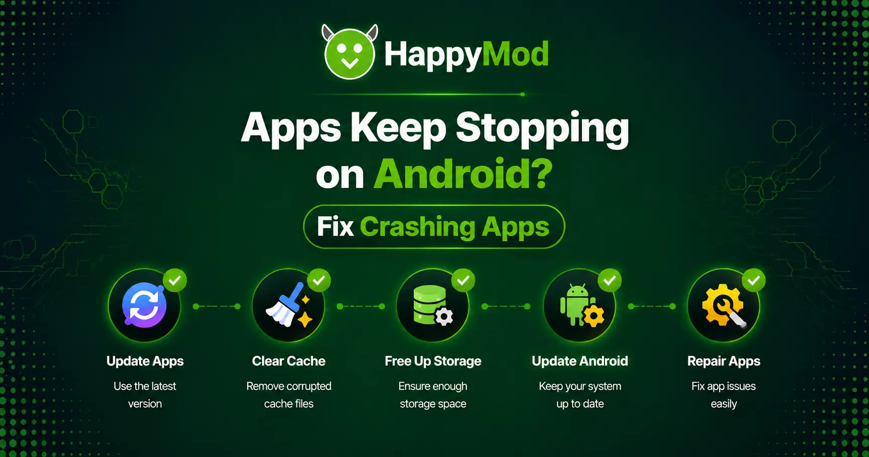Android phone showing app keeps stopping error with solutions to fix crashing apps including update apps, clear cache, storage optimization, and Android updates