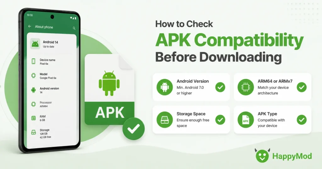 Android phone and APK file showing compatibility requirements including Android version, ARM64 processor, storage space, and APK type