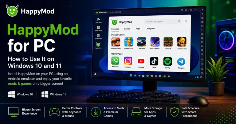 HappyMod for PC running on Windows 10 and Windows 11 using an Android emulator with a desktop setup