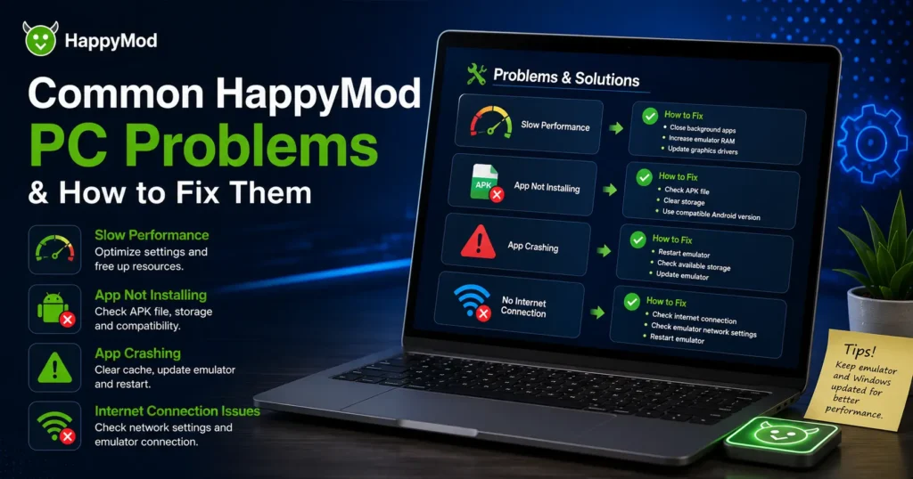 Common HappyMod PC issues including slow performance, APK installation errors, app crashes, and internet connection fixes