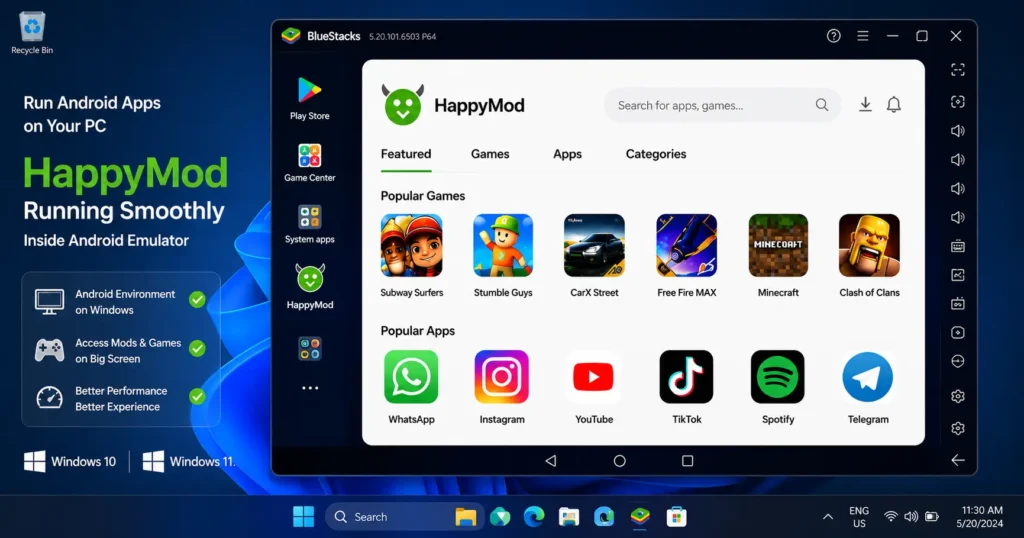 Installing an Android emulator on Windows PC to run HappyMod APK on Windows 10 and Windows 11