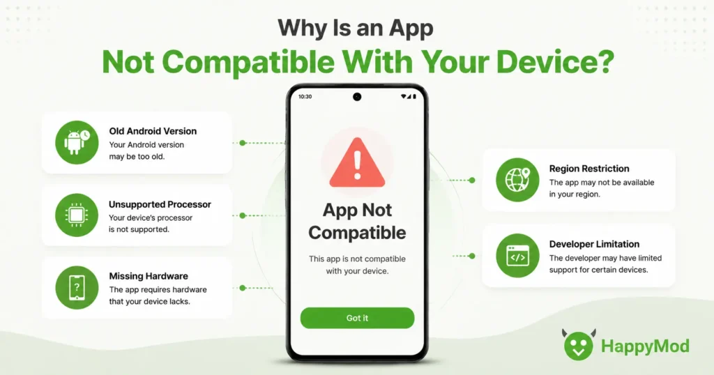 Android phone displaying app not compatible warning caused by old Android version, unsupported processor, hardware limits, and restrictions
